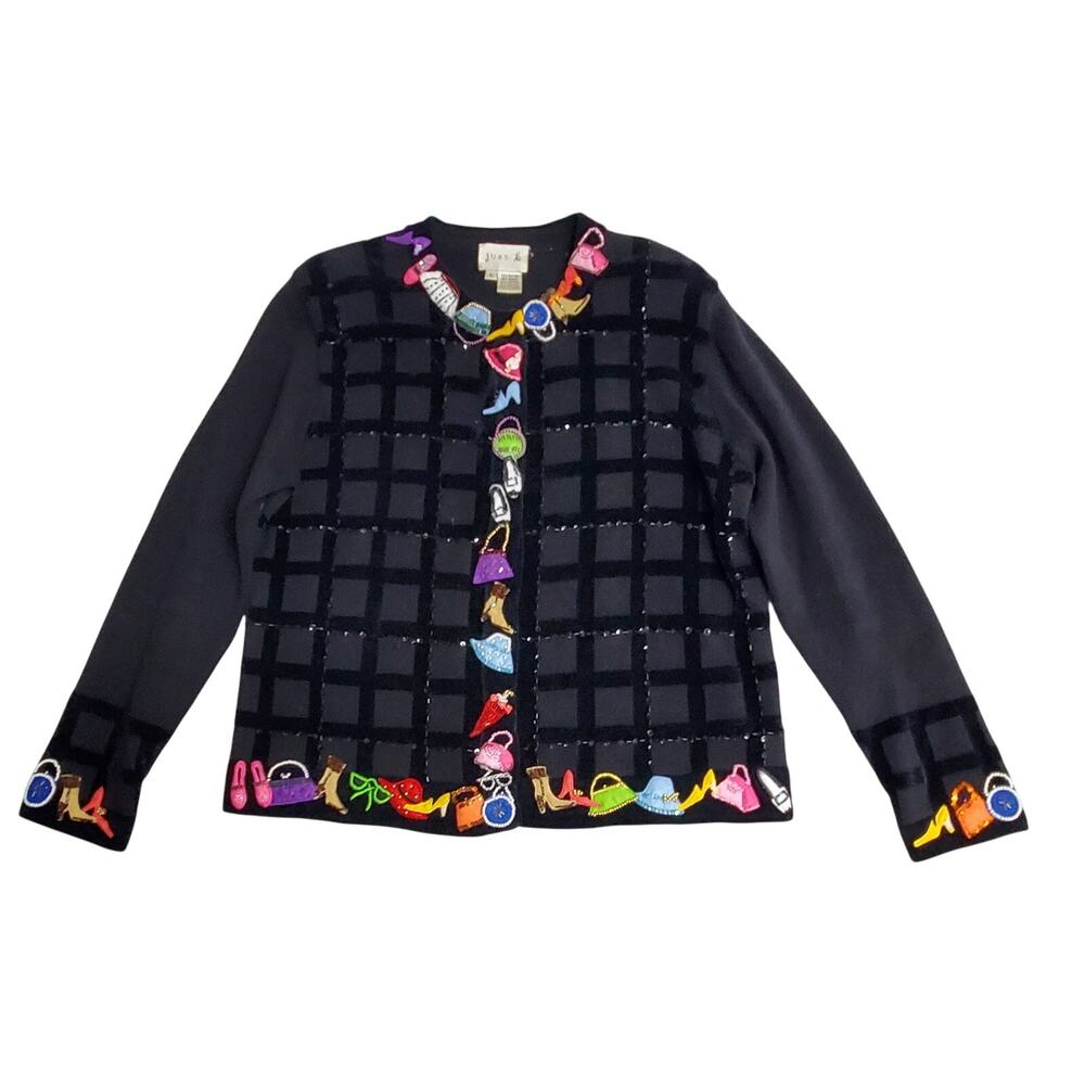 Vintage Just B Fashion Cardigan Sweater L Black Beaded Embellished Novelty - Picture 3 of 16